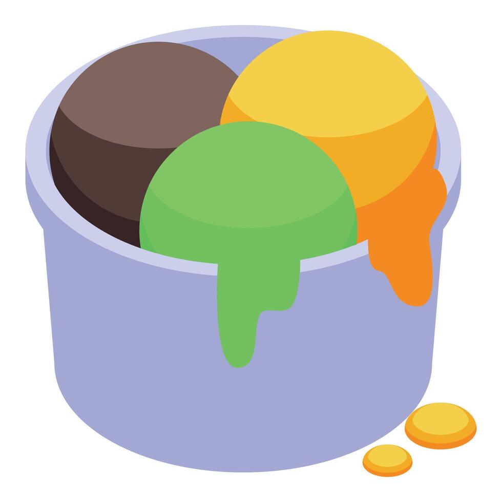 Melting ice cream scoops in a plastic cup dripping onto surface vector