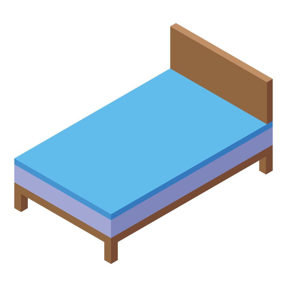 Comfortable single bed with blue sheets and wooden frame in isometric view vector