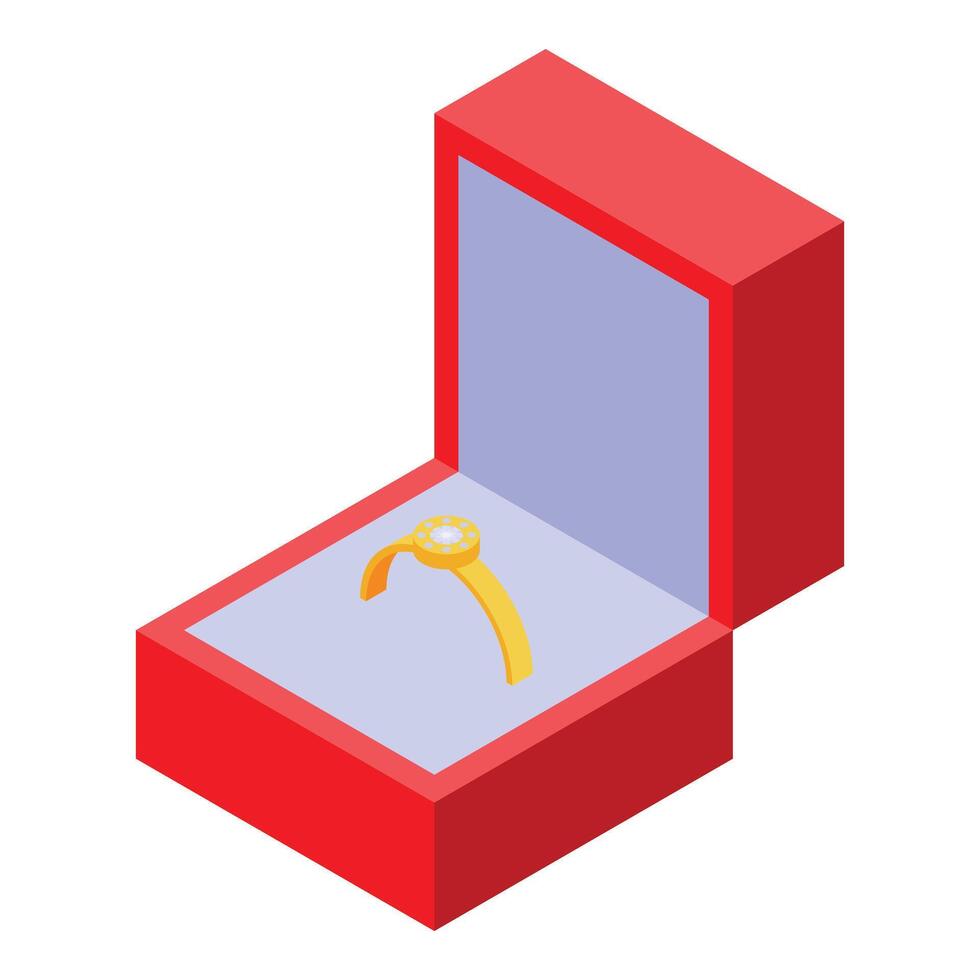 Golden ring with diamonds in open red jewelry box isometric view vector