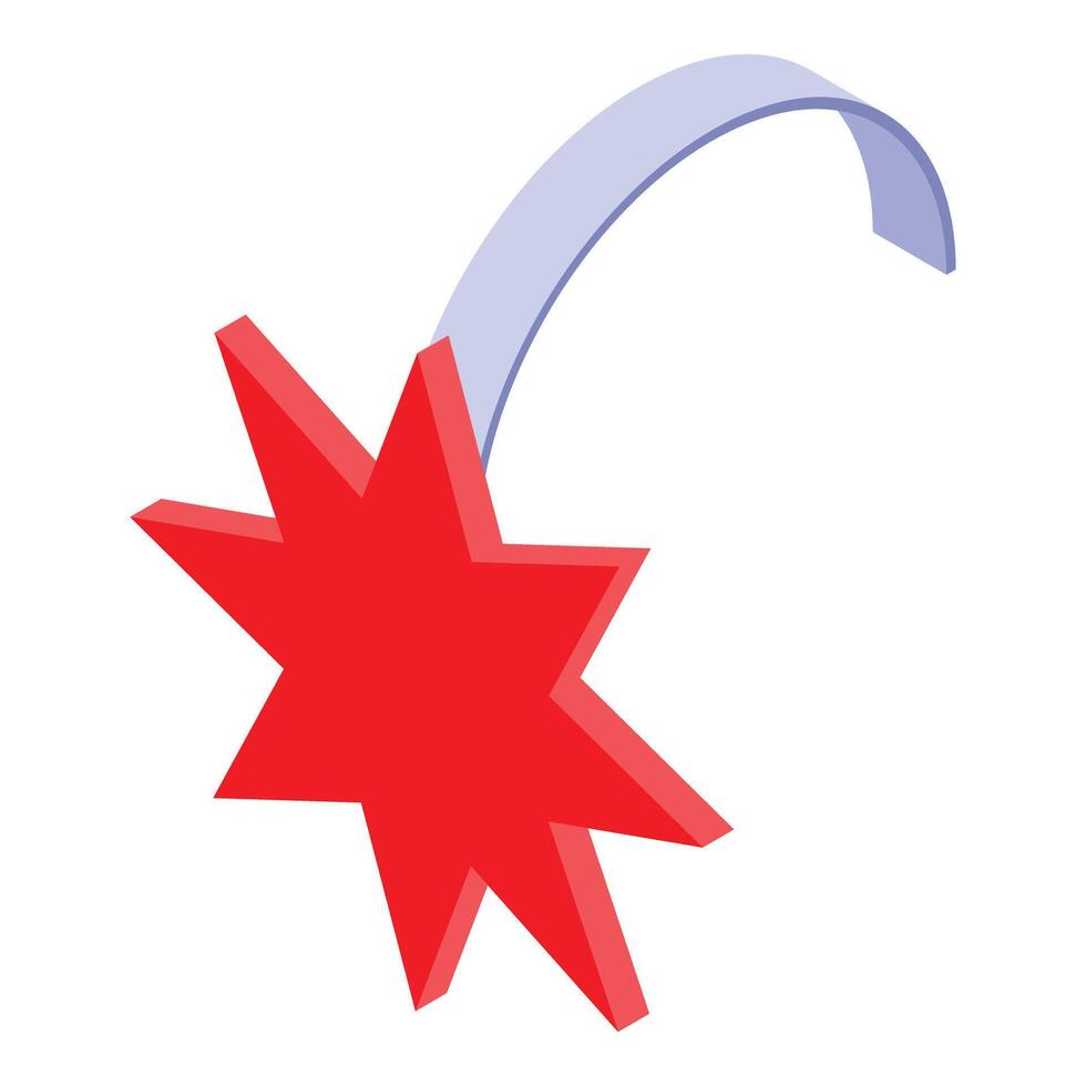Eight pointed red star hanging on a curved ribbon vector