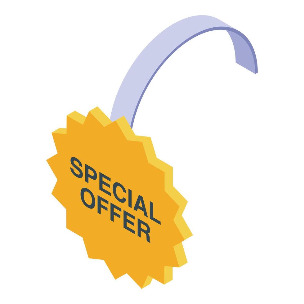 Special offer hanging star shaped golden label with curved ribbon, promoting exclusive deals and discounts vector