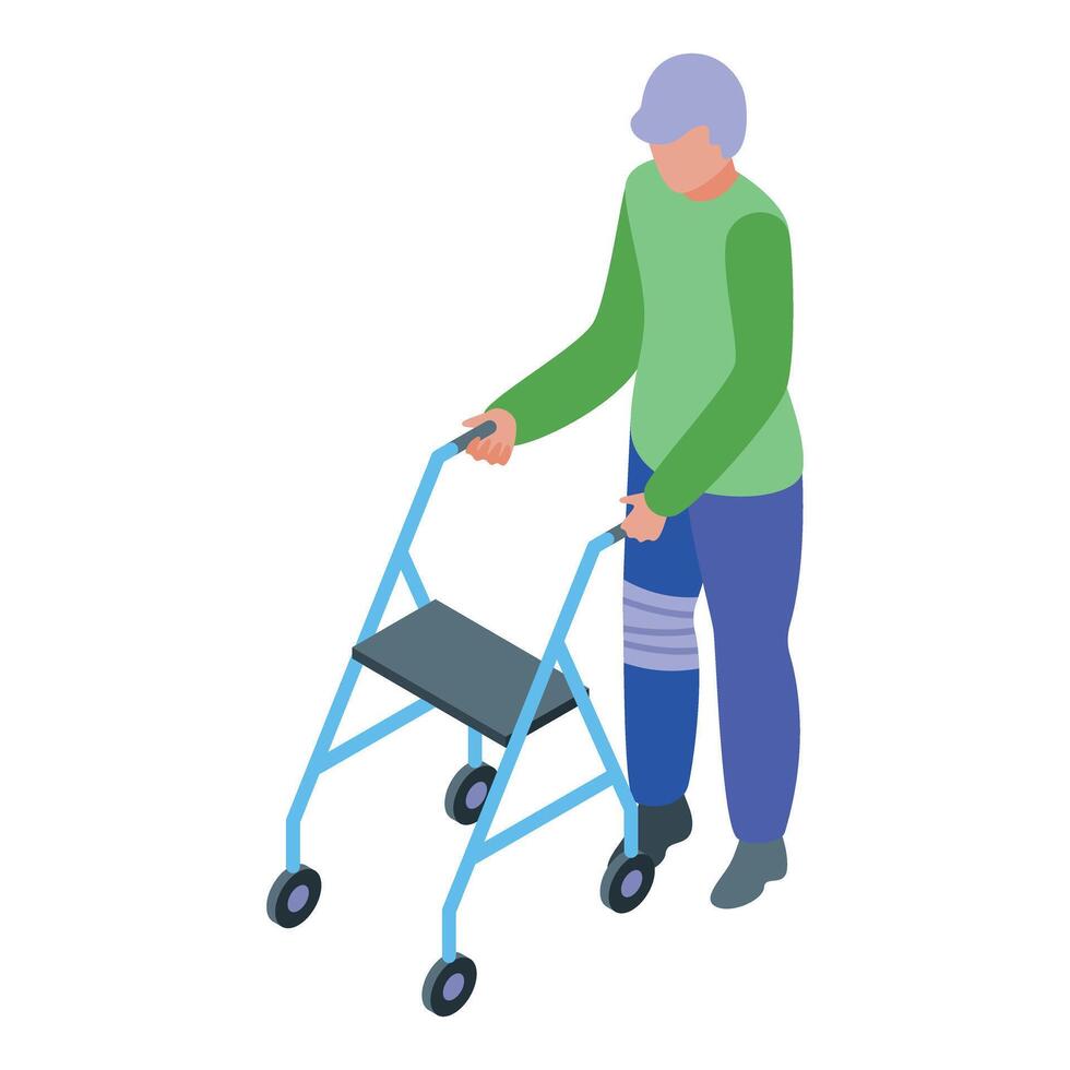 Elderly man walking using a walker with injured leg isometric icon vector