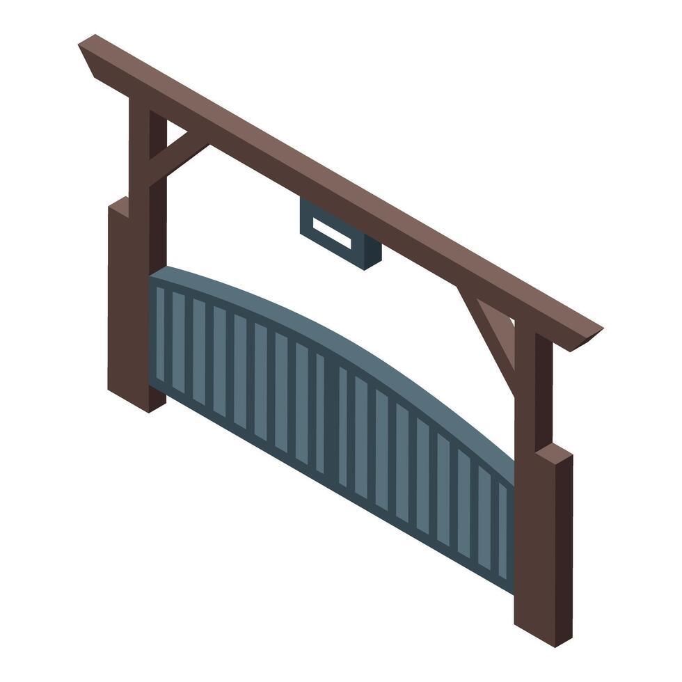 Automatic gate closing system with wooden frame and metal bars vector