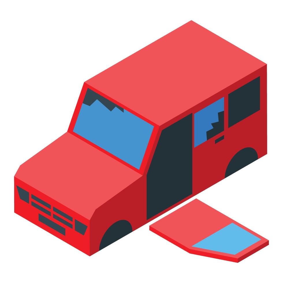 Red damaged car with broken windows and missing door is parked vector
