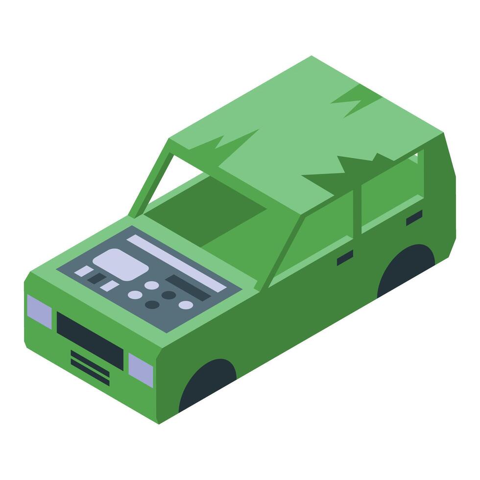 Damaged green car with open hood and broken roof isometric view vector