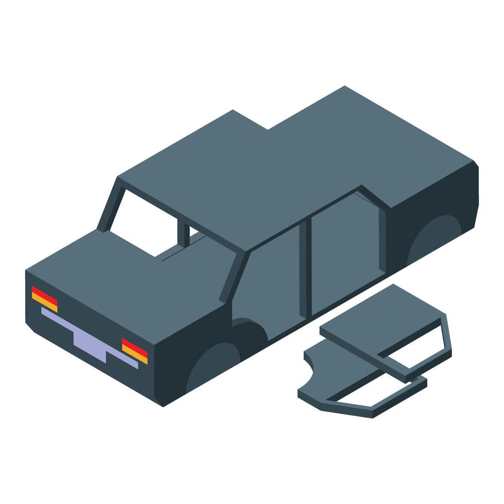 Car frame being assembled with doors aside in isometric view vector