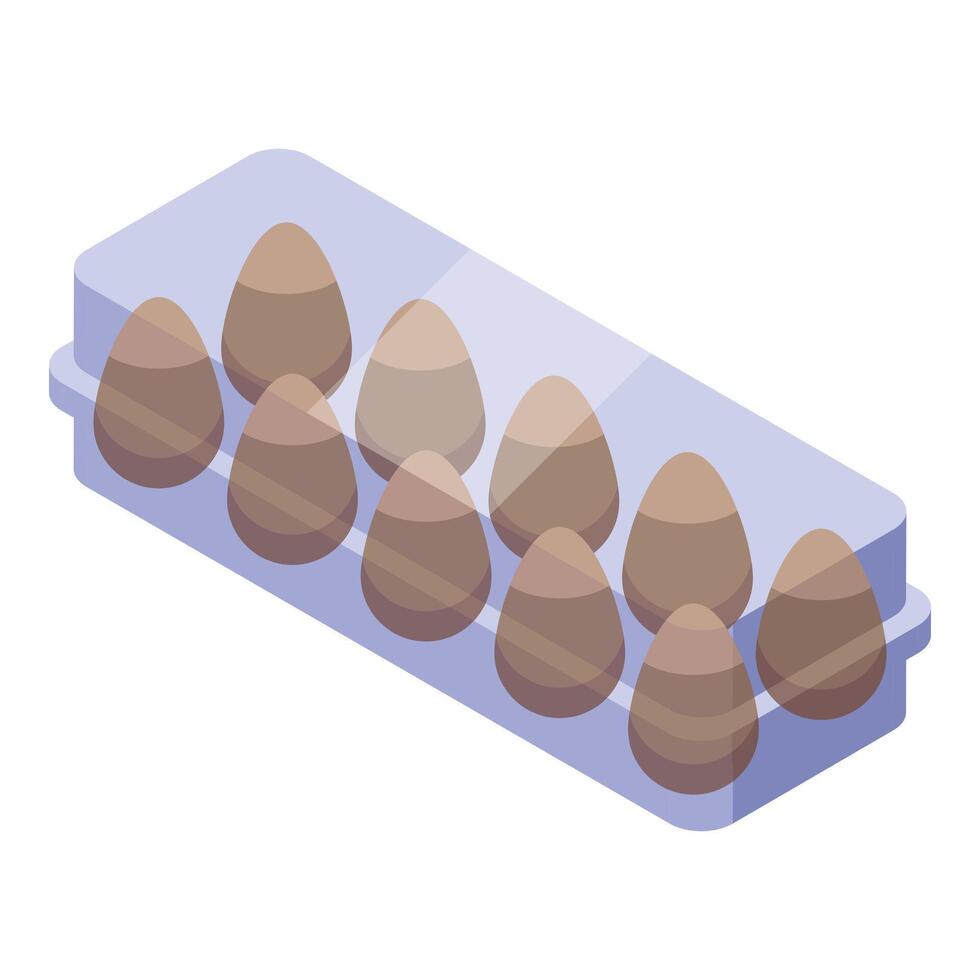 Ten brown eggs in plastic container, isometric view vector