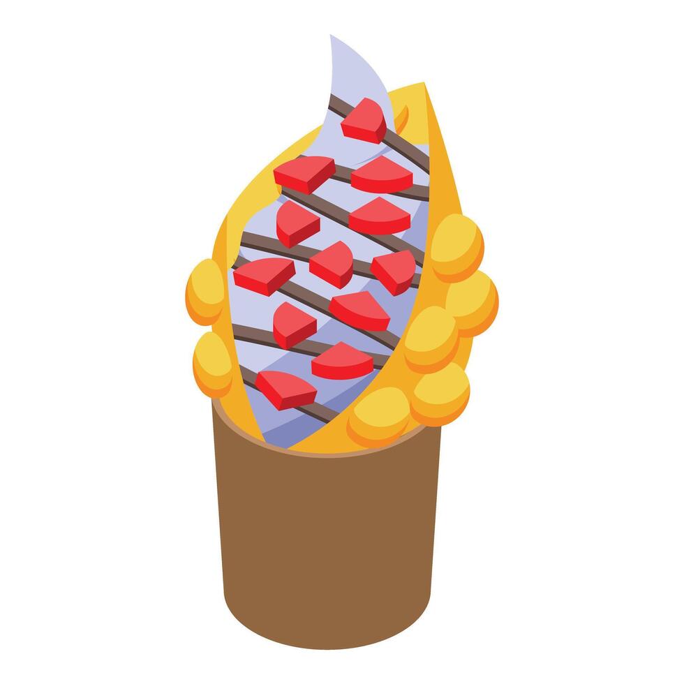 Hong kong egg waffle with blue cream and strawberry slices in brown cup vector