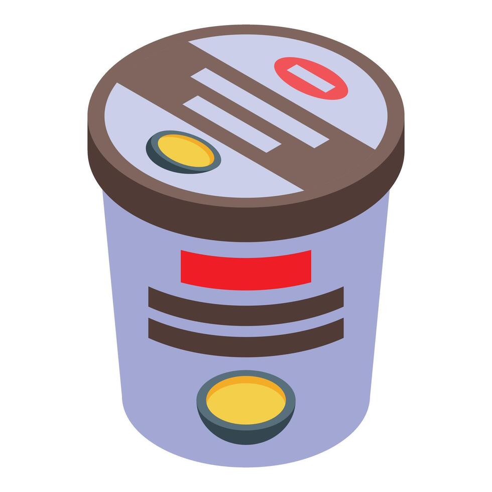 Isometric instant noodles cup with brown lid and red label vector