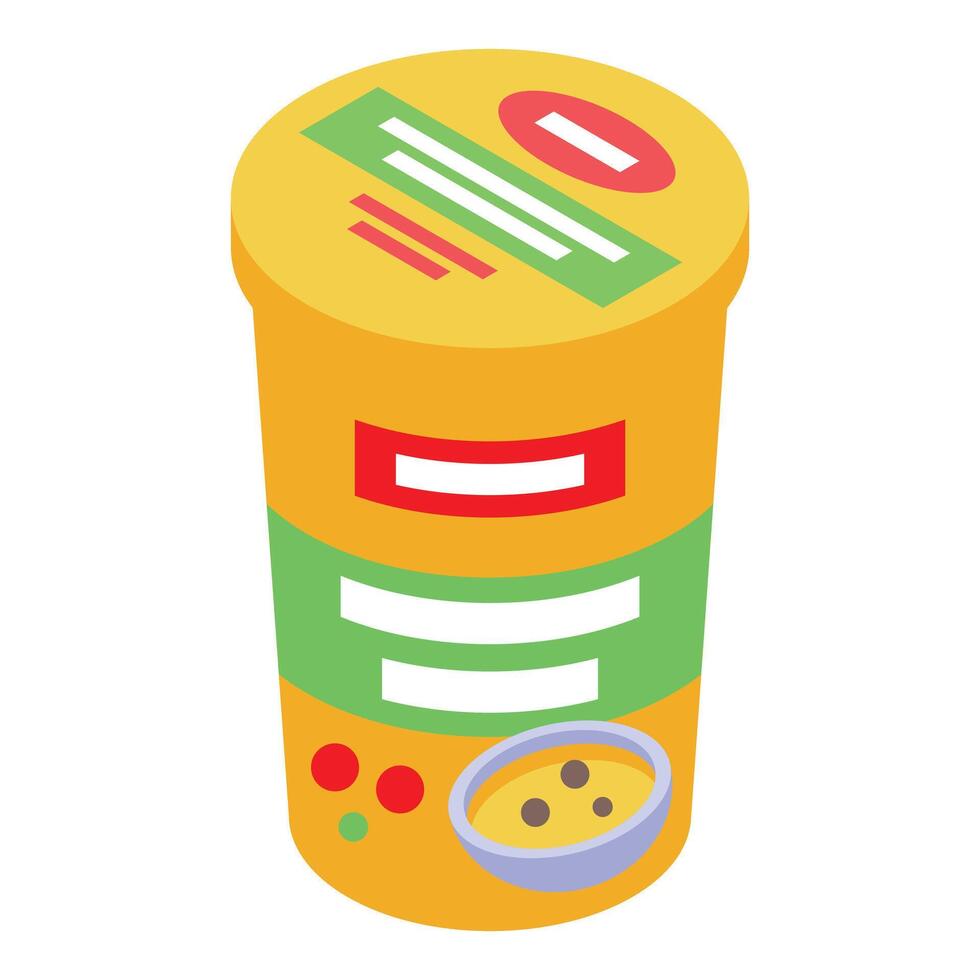 Isometric of dog or cat food packaging showing bowl with kibble vector