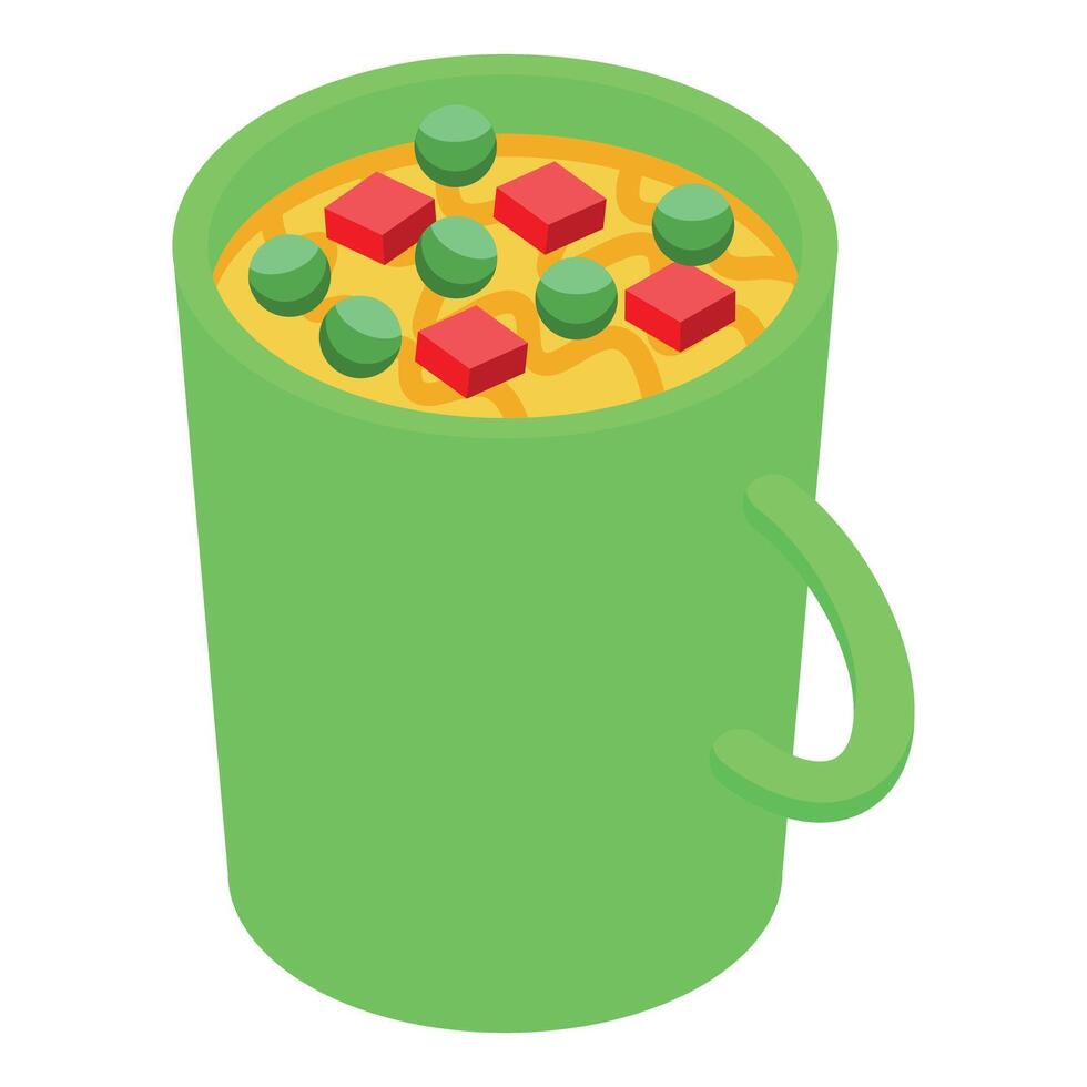 Green mug containing hot noodle soup with peas and ham vector