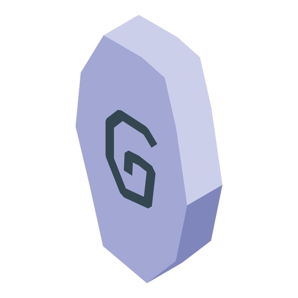 Purple rune stone showing letter g, isometric view vector