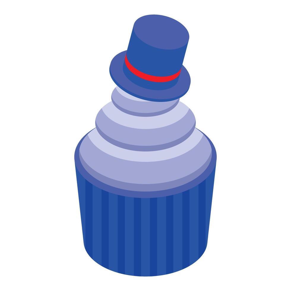 Cupcake wearing magic hat with red ribbon isometrically projecting deliciousness vector