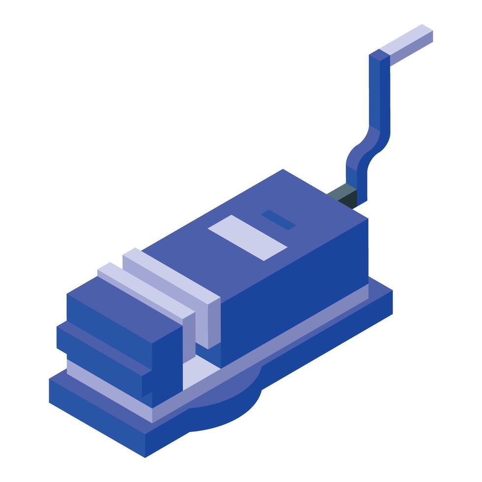 Blue bench vise gripping metal block isometric icon vector