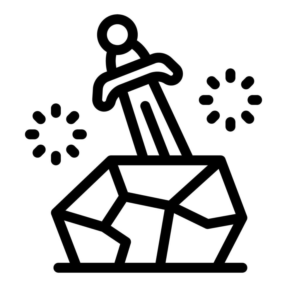 Legendary sword sticking out of stone emitting sparkles, minimalist icon vector