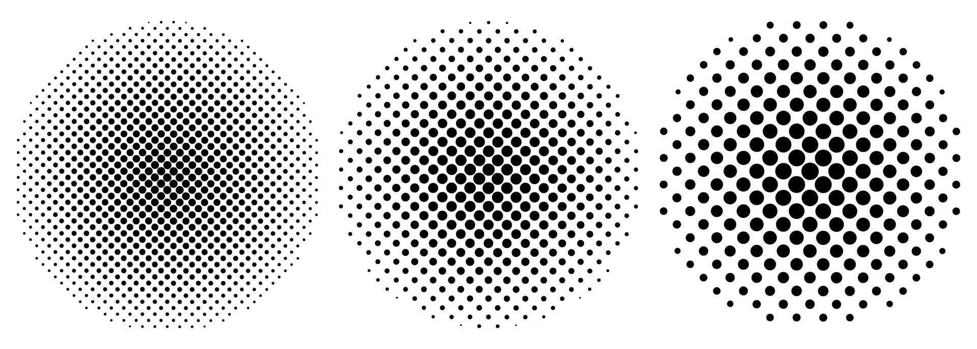 Collection of circular halftones. Dot halftone gradient texture. Gradient repeating dots. Set of halftone dot backgrounds. vector