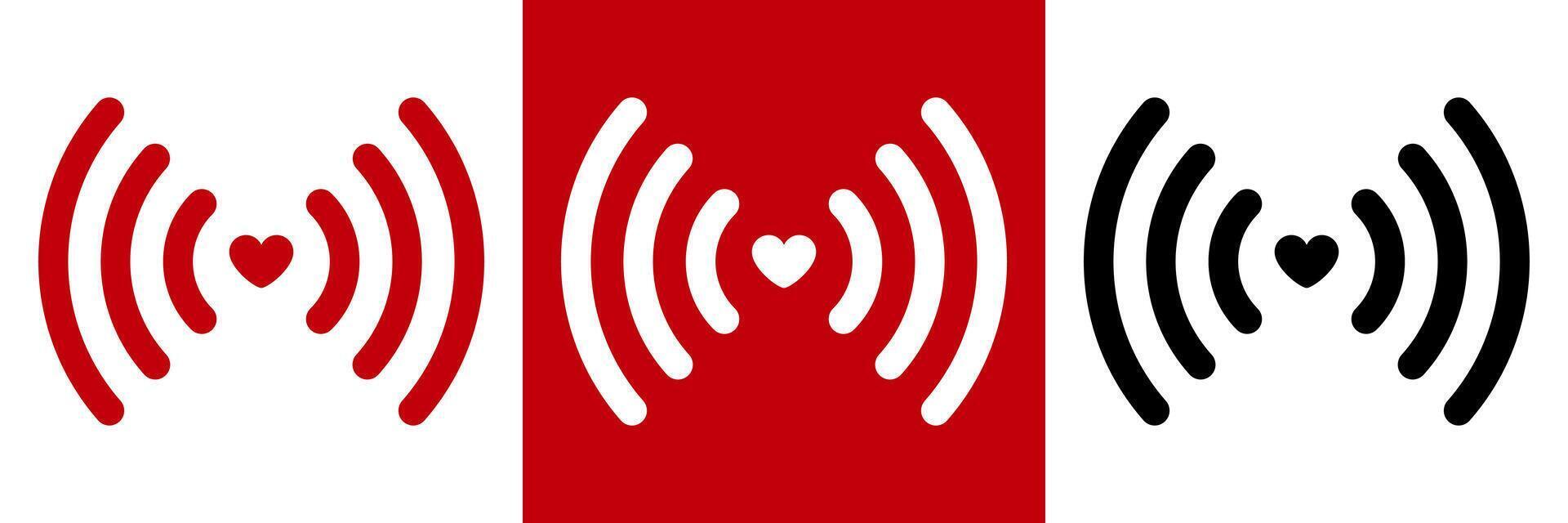 Radio wave icon with heart in the centre. Radio wave signal with heart - Symbol of connection, love and communication, minimalistic icon on red, white and black background. vector