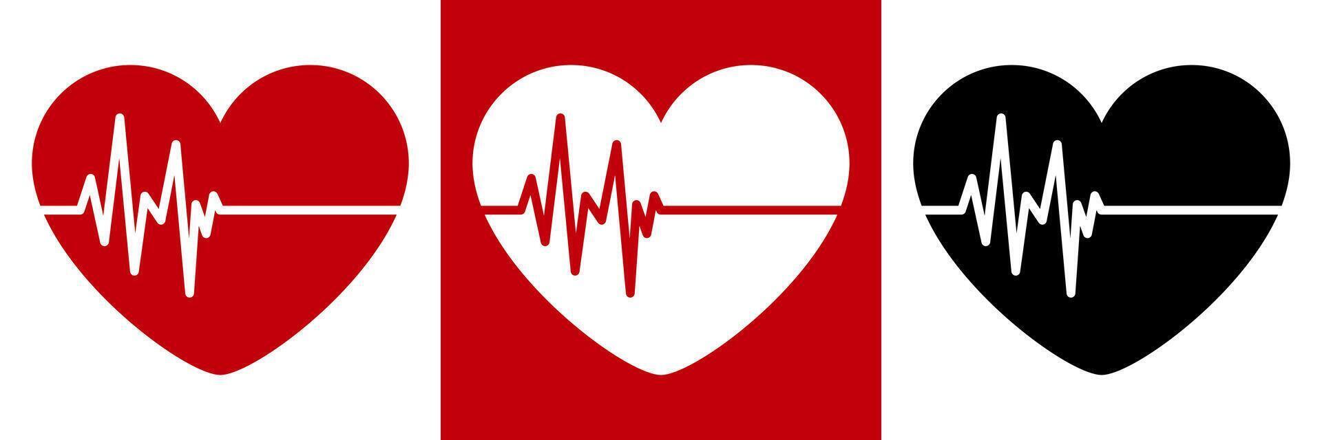 Human heart icon with heart rate graph. Heart pulse. Red, white and black colours. Graph of heart rhythm. The line of the heartbeat. Health and medicine vector