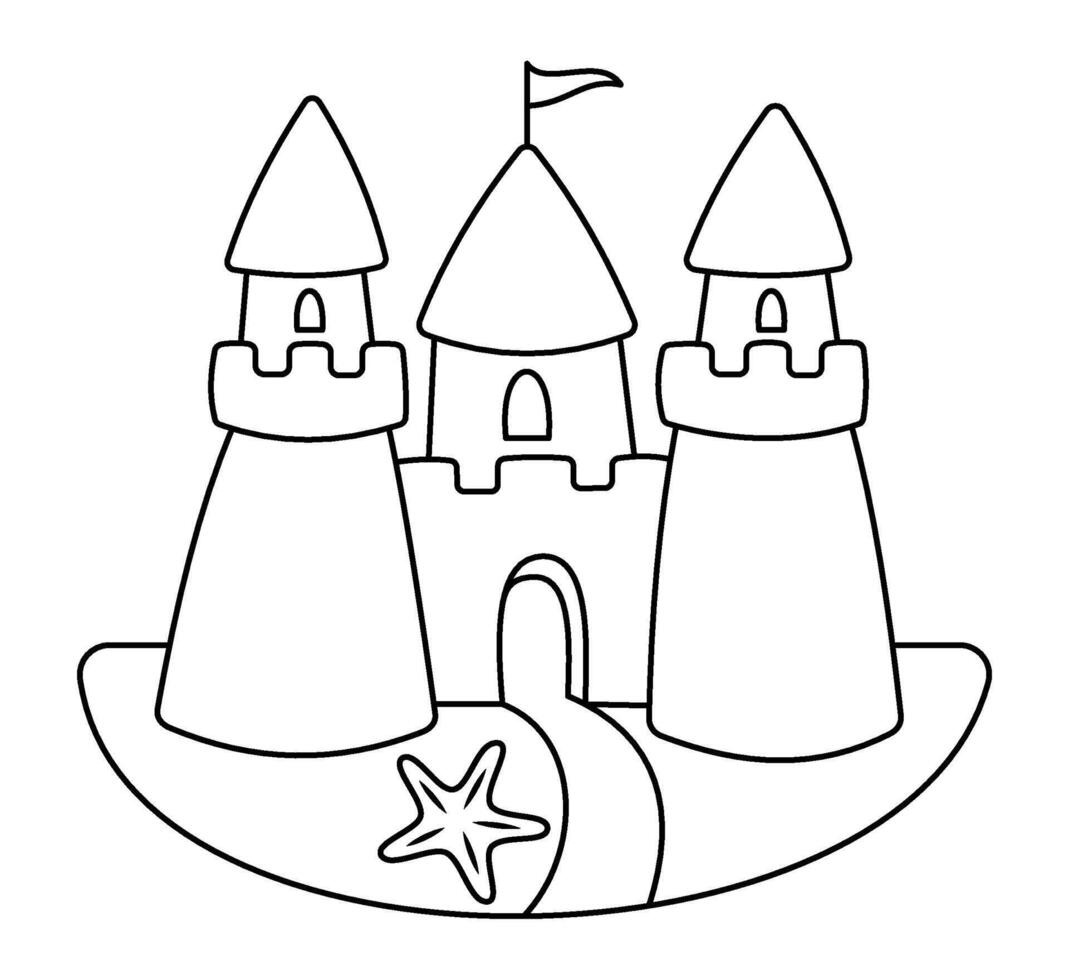 Sandcastle. Summer Sand Castle. Beach holidays Outline Doodle illustration for colouring pages. Editable Stroke. Ocean and sea. Cute colouring page. vector