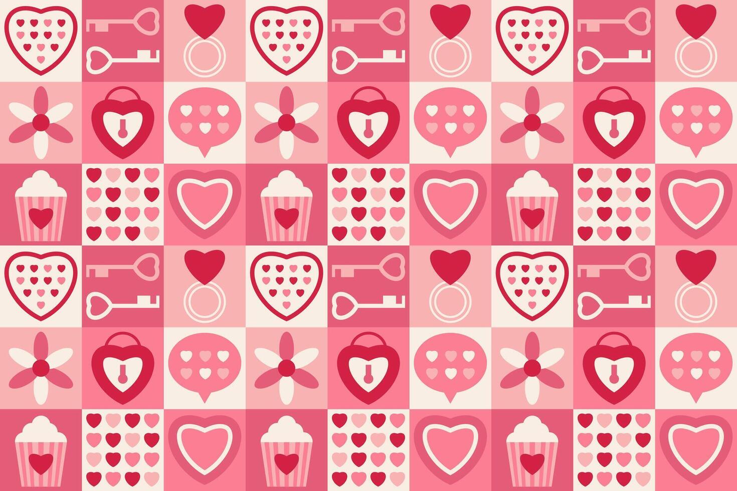 Geometric seamless pattern in pink color. Children cute cover design in flat style. Valentine's day heart bear, sweets simple shapes icon make mosaic endless background for sale banner print wrapping vector