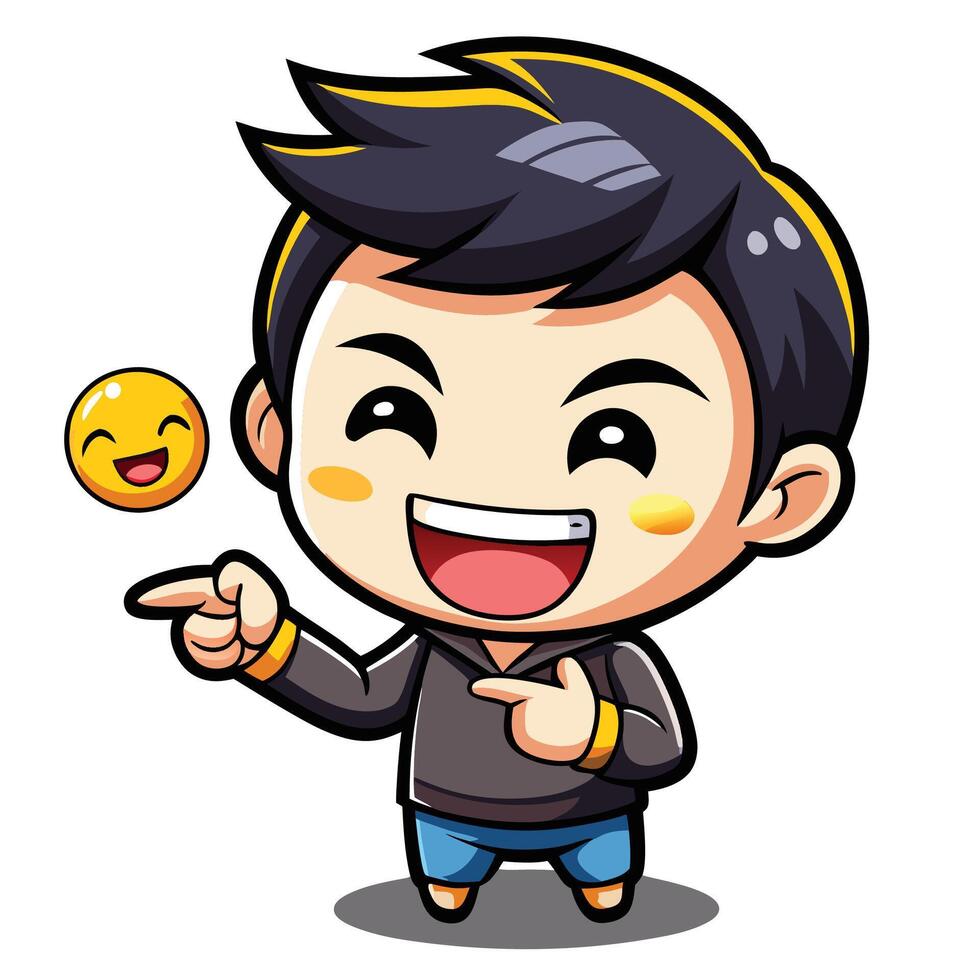 a cartoon boy pointing at a smiley face vector