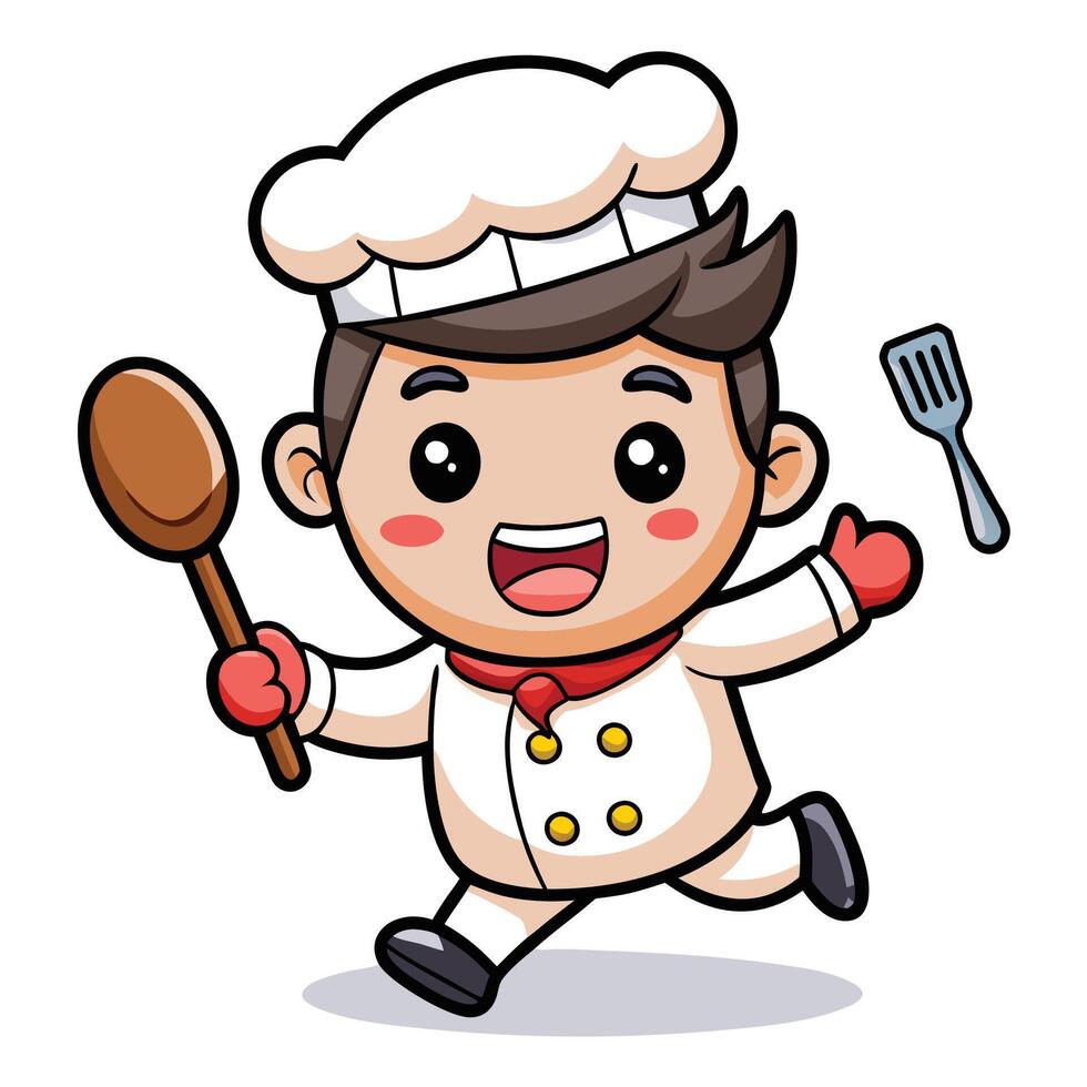 cartoon chef running with a spatula and fork, vector