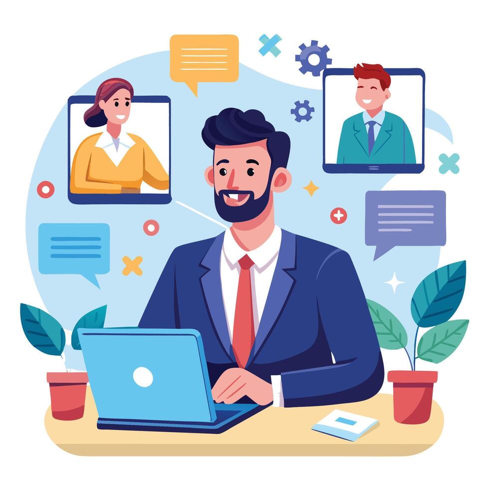 businessman working on laptop with chat bubbles around , vector