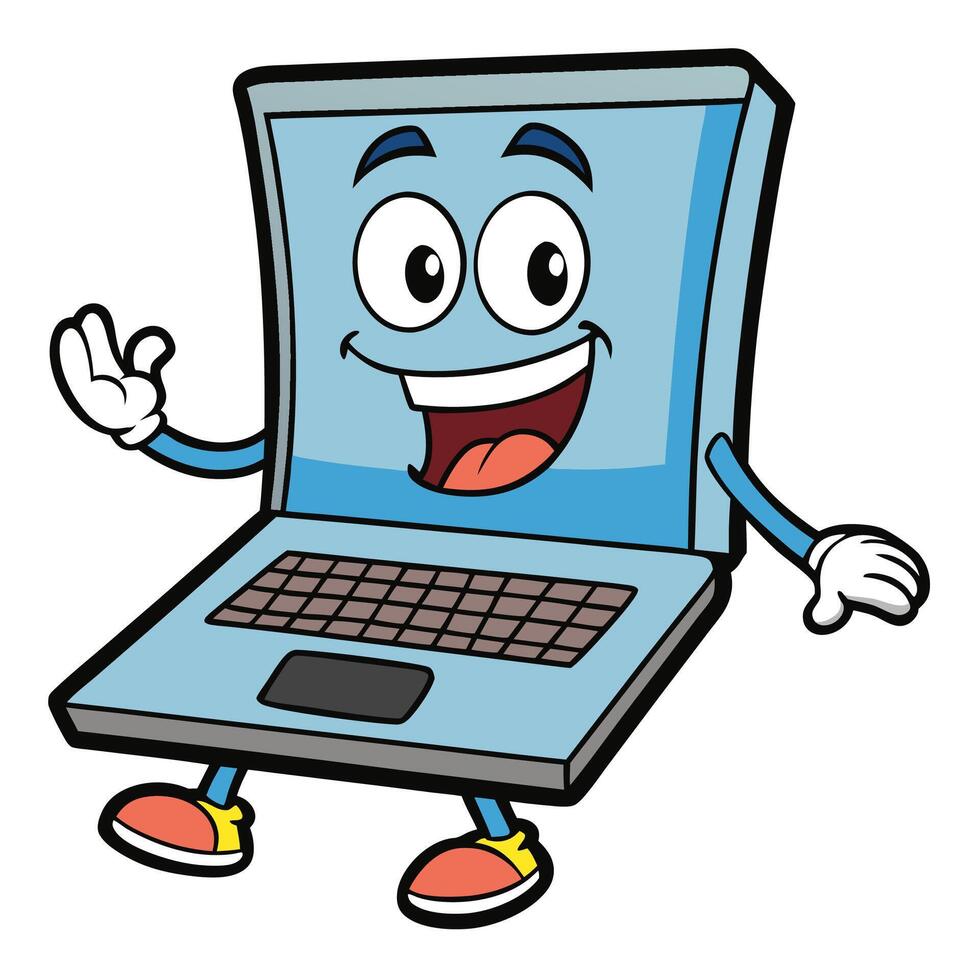 laptop cartoon character waving and smiling illustration vector