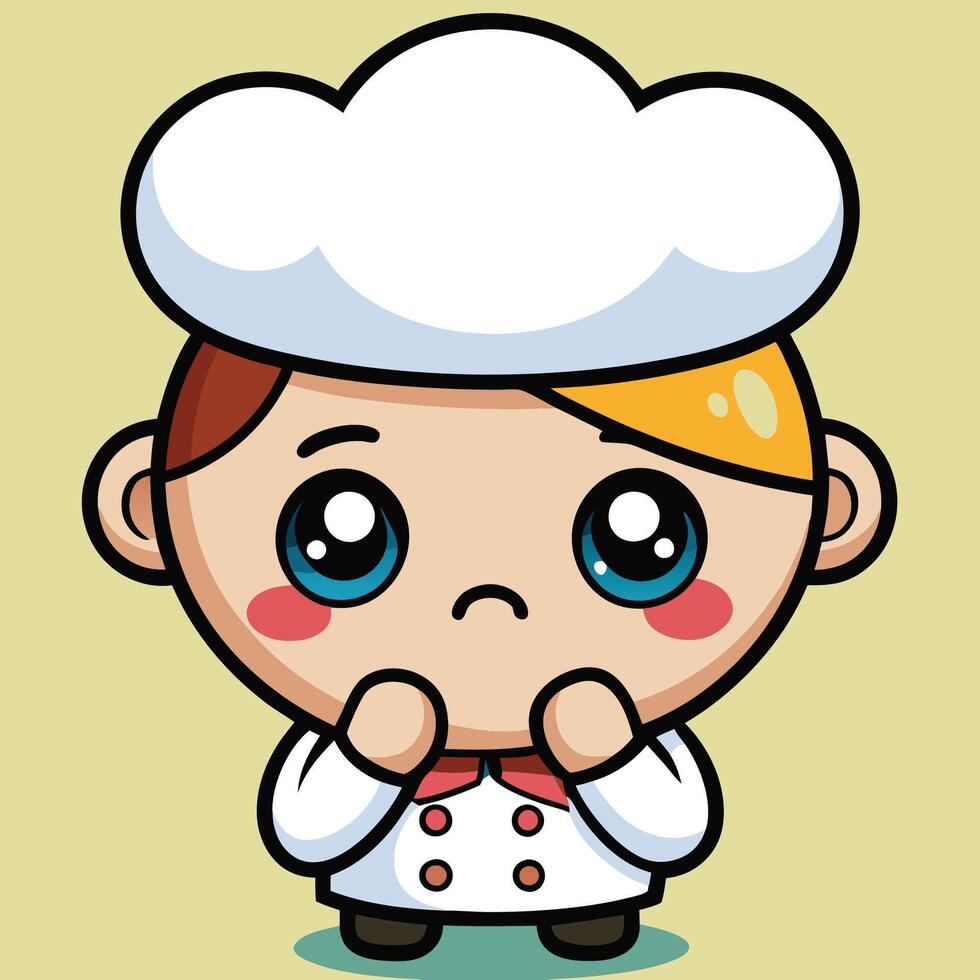 cartoon chef with sad face and hands on chin vector