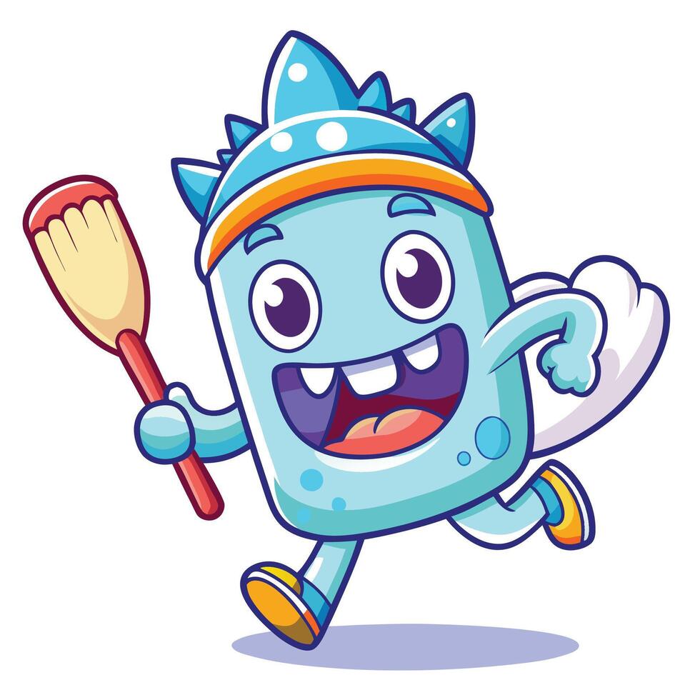 a cartoon monster running with a broom, vector