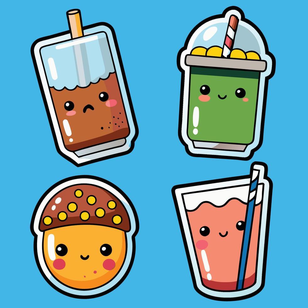 cute drink stickers set with hamburger, soda, juice and ice cream vector
