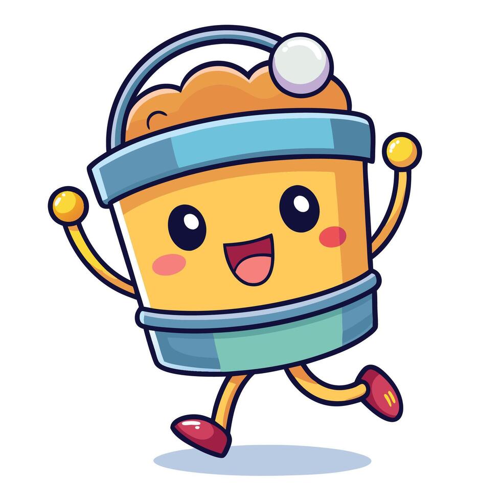 a cartoon bucket with arms and legs running, vector