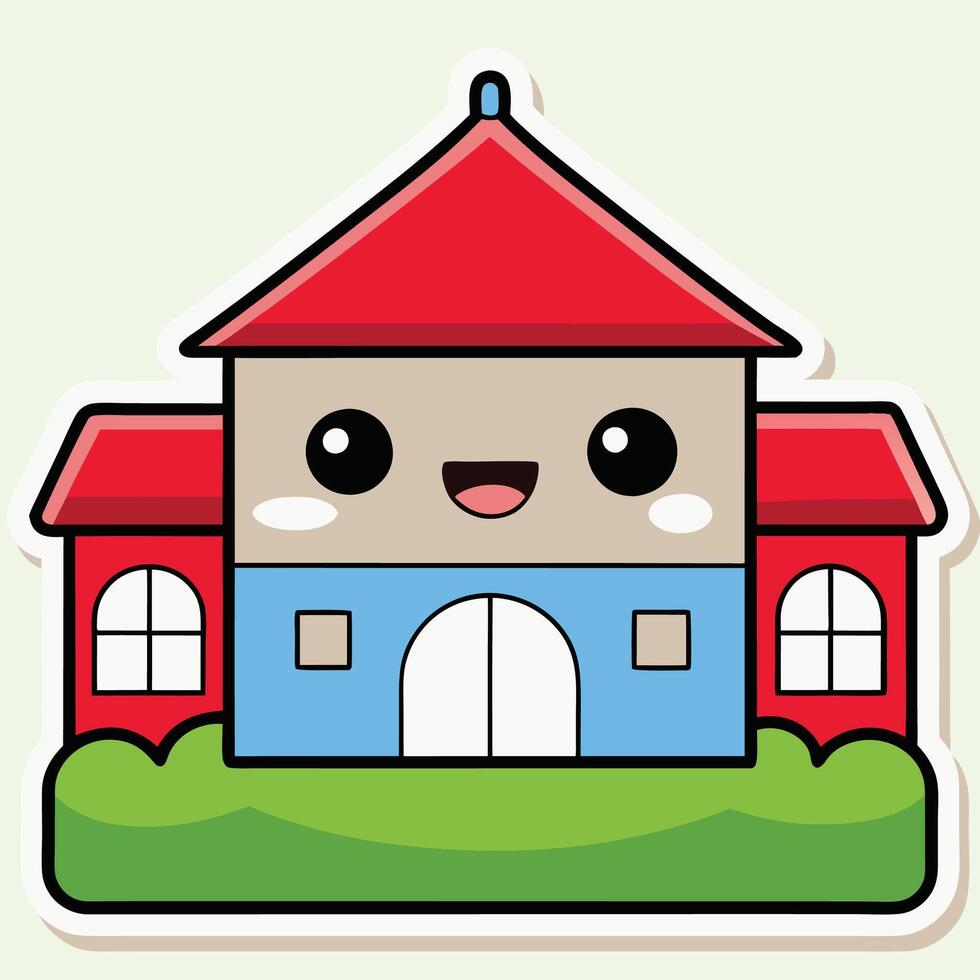a sticker of a house with a smiley face white background, vector