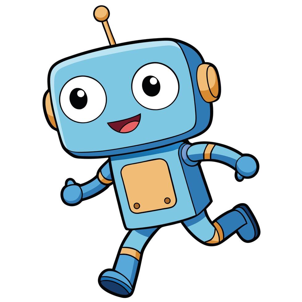 a cartoon robot running and smiling white background, vector