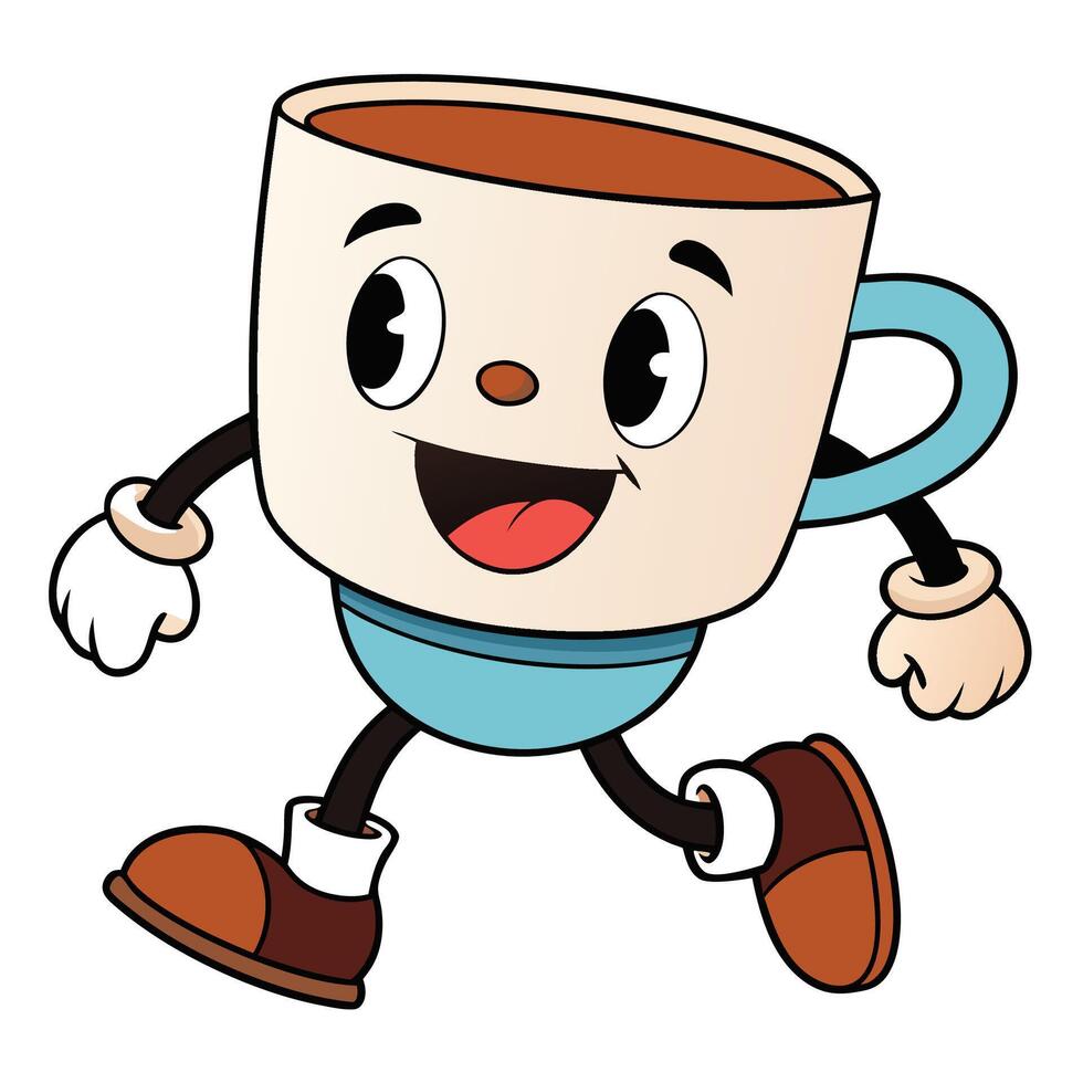 a cartoon cup of coffee running with its legs crossed white background vector