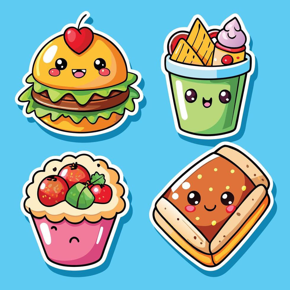 cute hamburger, sandwich and cupcake stickers set vector