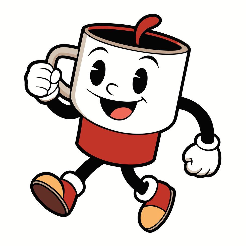 a cartoon coffee cup running with its arms outstretched, vector