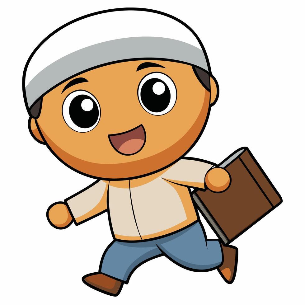 cartoon muslim boy running with a briefcase, vector