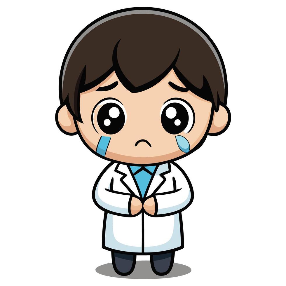 a cartoon doctor crying with his hands folded white background, vector
