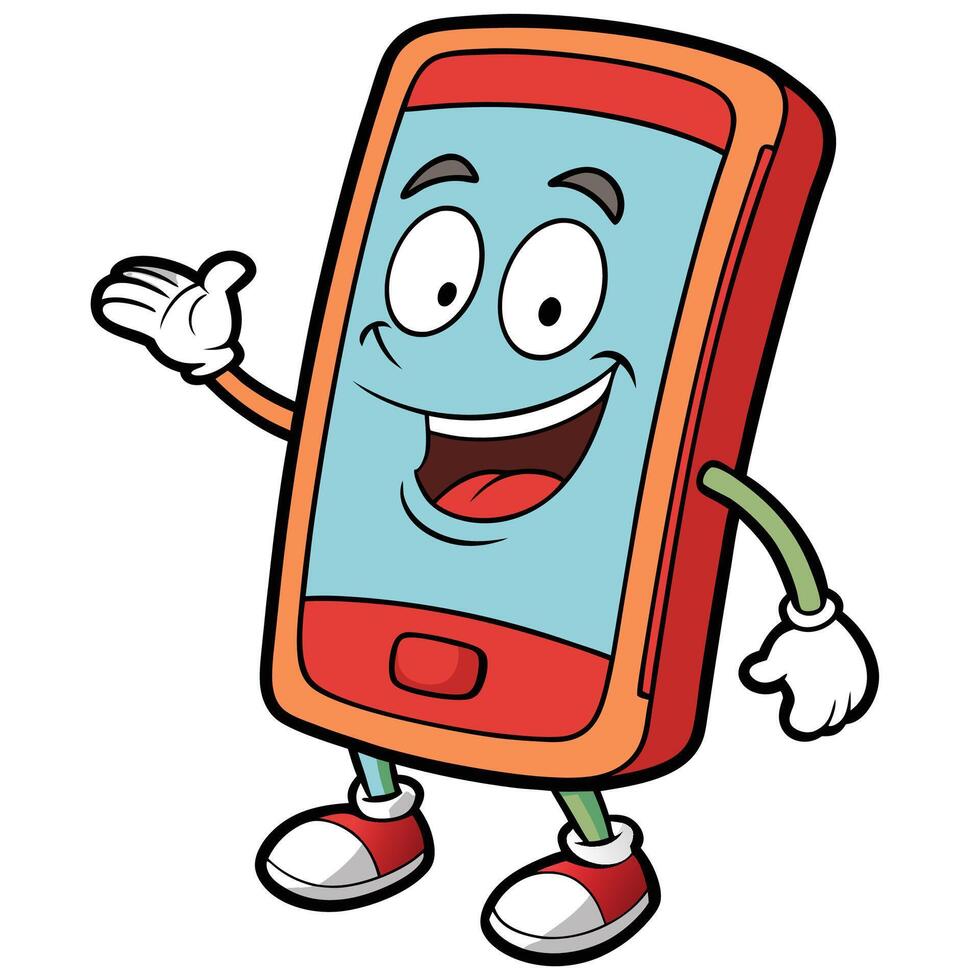 mobile phone cartoon character waving illustration white background vector