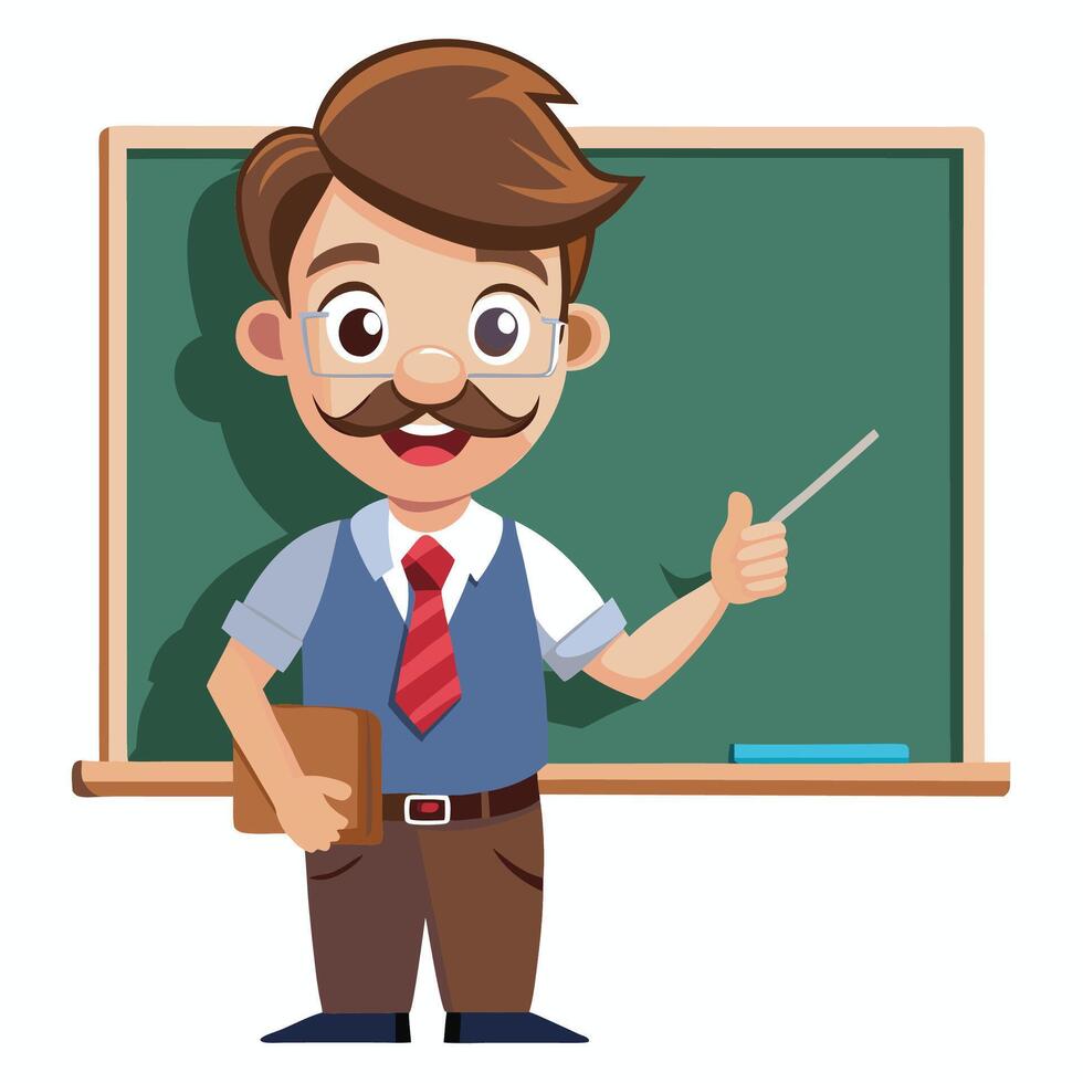 cartoon teacher with mustache and glasses standing in front of a blackboard vector
