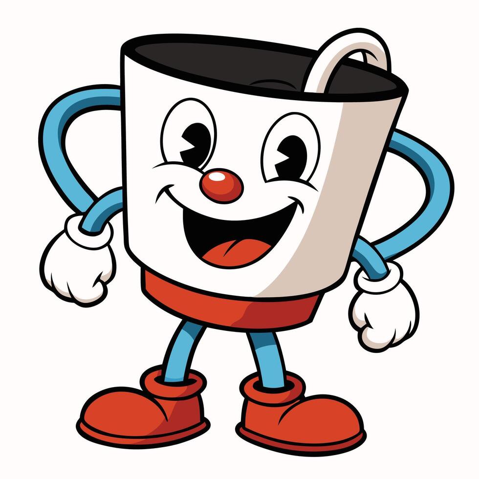 a cartoon cup with a smiley face and red shoes, vector