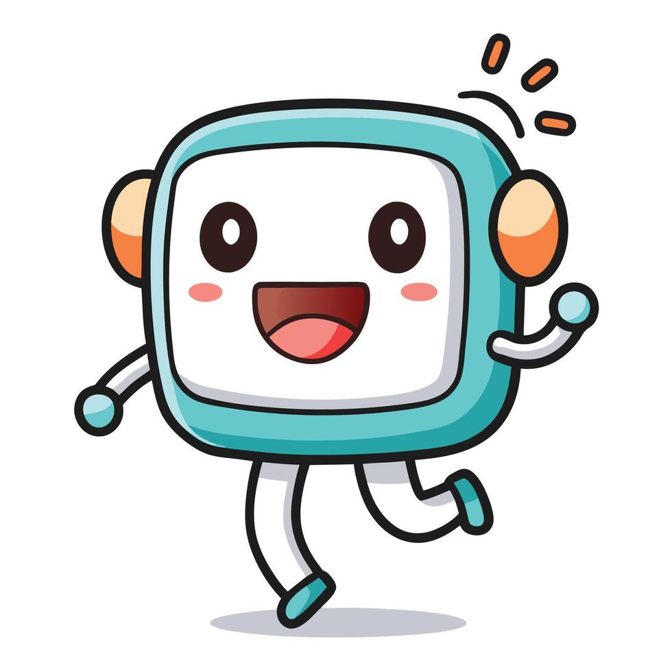 a cartoon robot running and smiling, vector