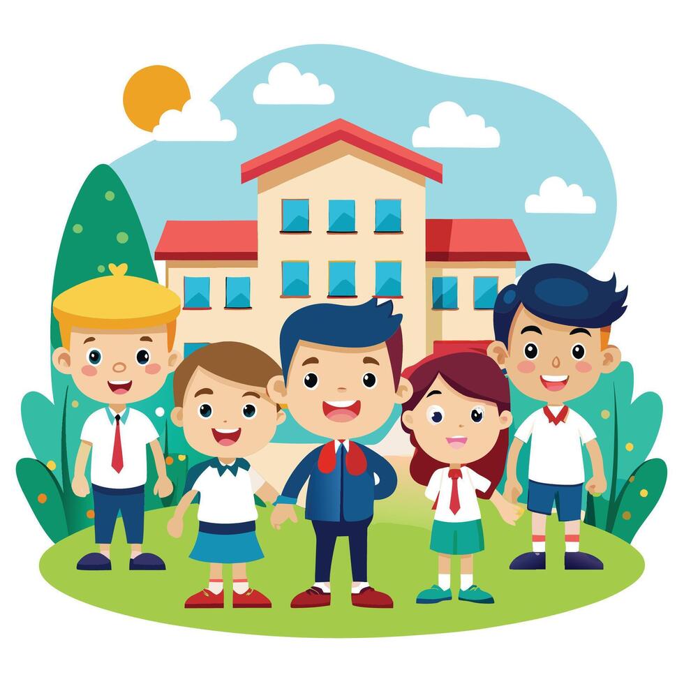 school children in front of school building illustration vector