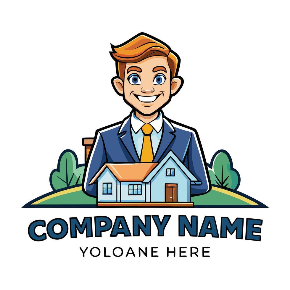 a man in a suit and tie standing in front of a house logo vector