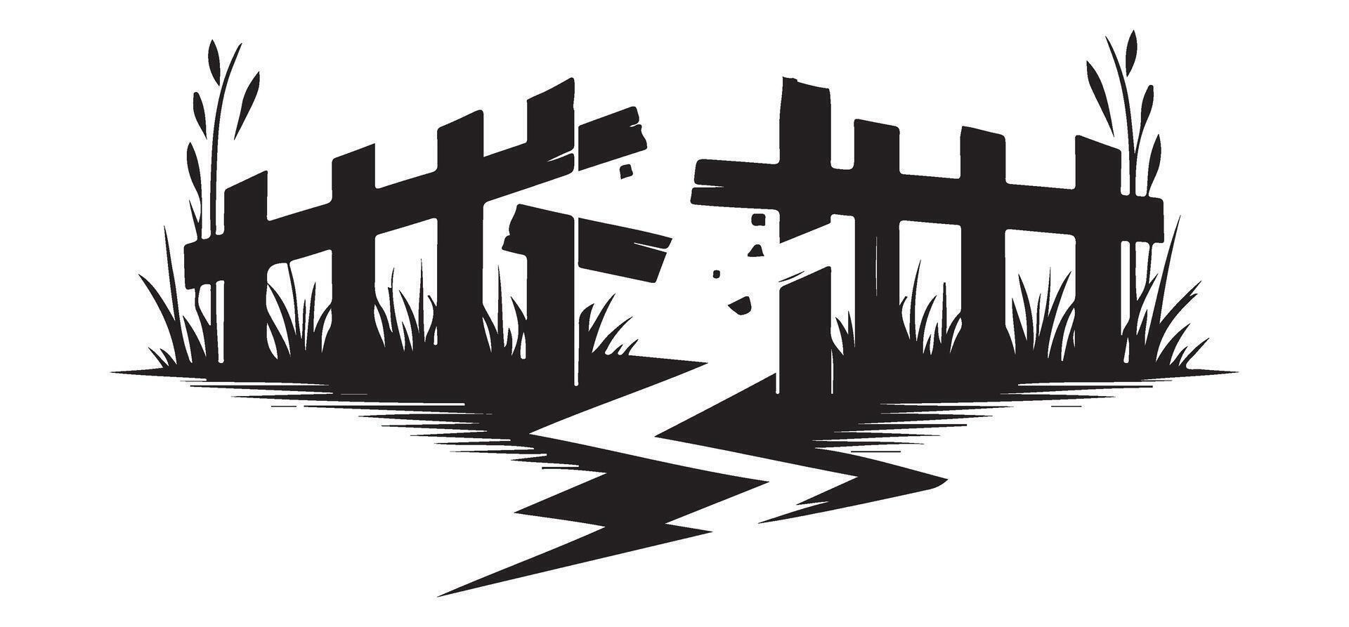 Dramatic Broken Fence with Crack in Ground vector