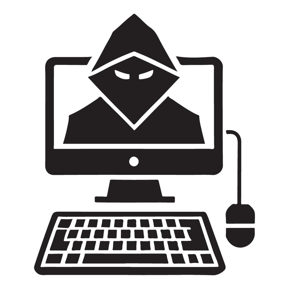 Sinister Hacker Silhouette on a Desktop Computer with a Mouse vector