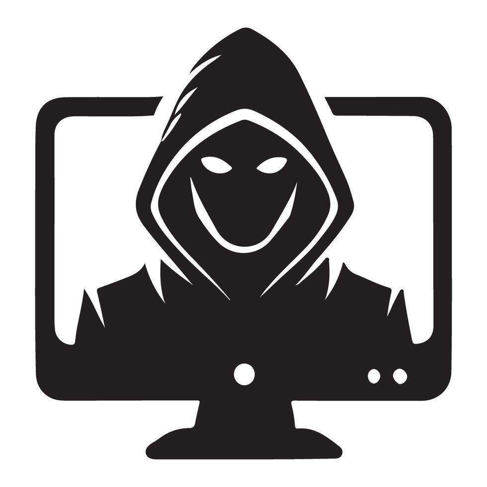 Smiling Evil Hacker Silhouette Peeking From a Computer Screen vector