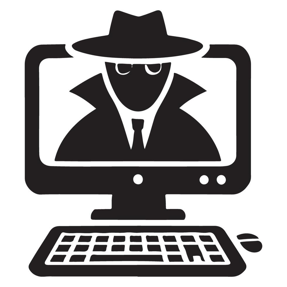 A Sleuth in a Fedora Hat Silhouette on a Computer Screen Illustration vector
