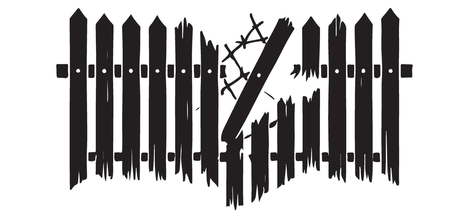 Broken Wooden Fence Silhouette Representing Vulnerability and Insecurity vector